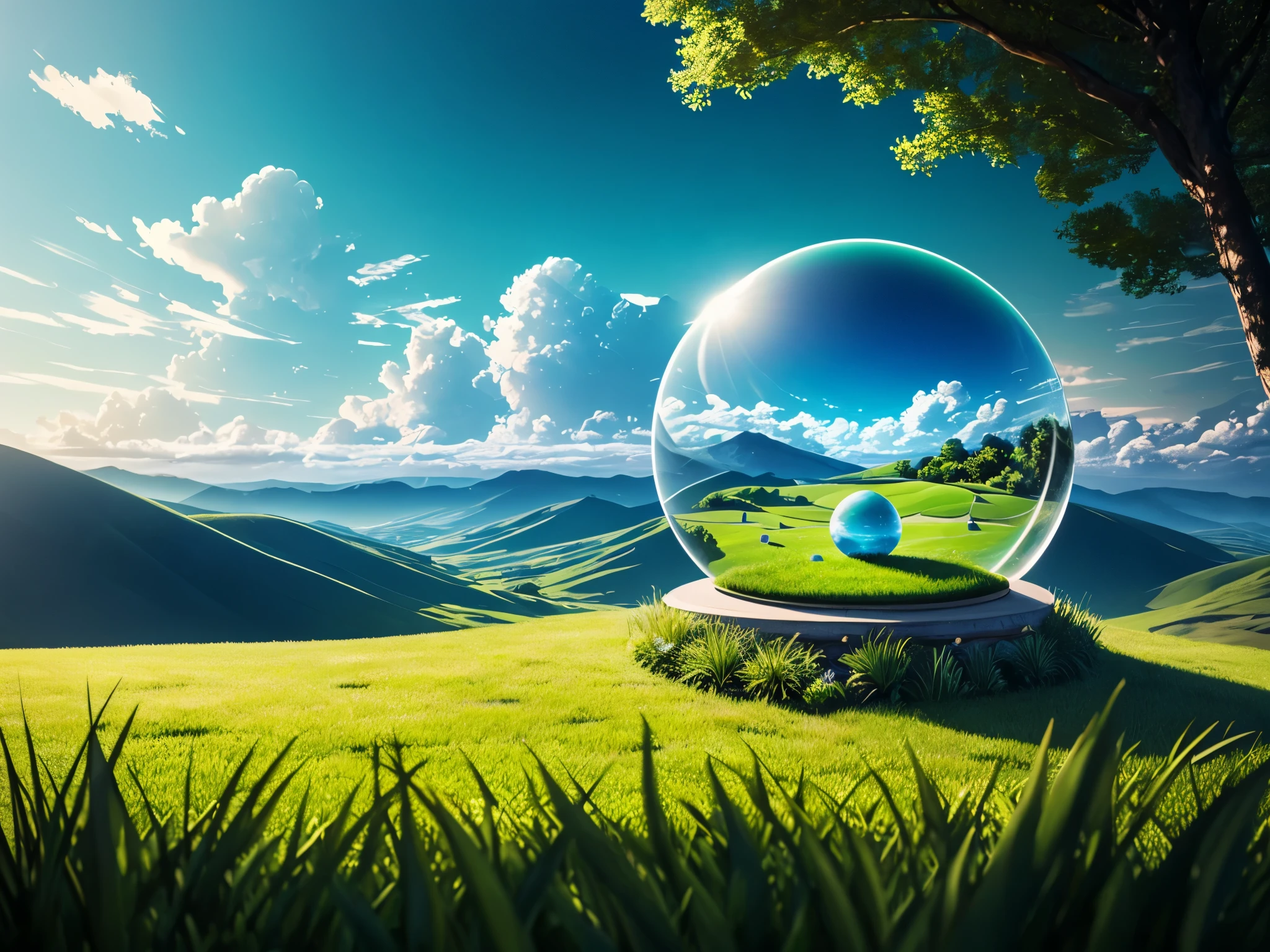 A globe made of green glass rests on a bed of lush green grass, surrounded by vibrant blades that sway gently in the breeze. The sky, painted in shades of cerulean and adorned with fluffy white clouds, serves as the backdrop. The globe, meticulously crafted with intricate details, reflects the world around it, creating a mesmerizing display of magnified reality. It captures the smallest details and nuances of the environment, showcasing the beauty that exists in the tiniest elements of nature.

The glass globe, with its smooth and glossy surface, lends a touch of elegance and sophistication to the scene. Every curve and contour is flawlessly depicted, highlighting the craftsmanship involved in its creation. Its vibrant green color adds a sense of vibrancy and life to the composition.

The grass underneath the globe is alive and teeming with vitality. Each blade is meticulously rendered, with attention given to the varying shades of green, the delicate texture, and the play of light and shadow. The grass provides a soft and inviting base for the globe, filling the entire frame with its lushness.

The sky above offers a breathtaking view, with its vast expanse stretching as far as the eye can see. The blue hues are intensified, giving the sky a sense of depth and serenity. Fluffy clouds, tinged with a touch of white, float across the canvas, adding a dynamic element to the composition.

In terms of image quality, this artwork demands the highest standards. The prompt begins with "(best quality, 4k, 8k, highres, masterpiece:1.2), ultra-detailed, (realistic, photorealistic, photo-realistic:1.37)" to ensure the finest level of detail and realism. Additional tags such as HDR, UHD, studio lighting, ultra-fine painting, sharp focus, physically-based rendering, extreme detail description, professional, vivid colors, and bokeh further enhance the visual quality of the final artwork.

The artistic style of this composition is macro-realism, which focuses on capturing the intricate details and textures of small-scale objects. It showcases the beauty of ordinary objects when seen from up close, giving them a larger-than-life presence.

The color palette emphasizes the vibrant greens of the grass and the deep blues of the sky. The shades are rich and saturated, enhancing the overall visual impact of the artwork.

Lastly, the lighting plays a crucial role in this composition. The scene is illuminated by a soft, natural light that casts a gentle glow on the glass globe and the surrounding elements. The interplay of light and shadow adds depth and dimension to the artwork, creating a visually captivating experience.

Overall, this prompt paints a picture of a green glass globe resting on a bed of grass, surrounded by a serene sky. Its macro-realistic style and attention to detail elevate the artwork, creating a visually stunning piece that celebrates the beauty of the natural world.