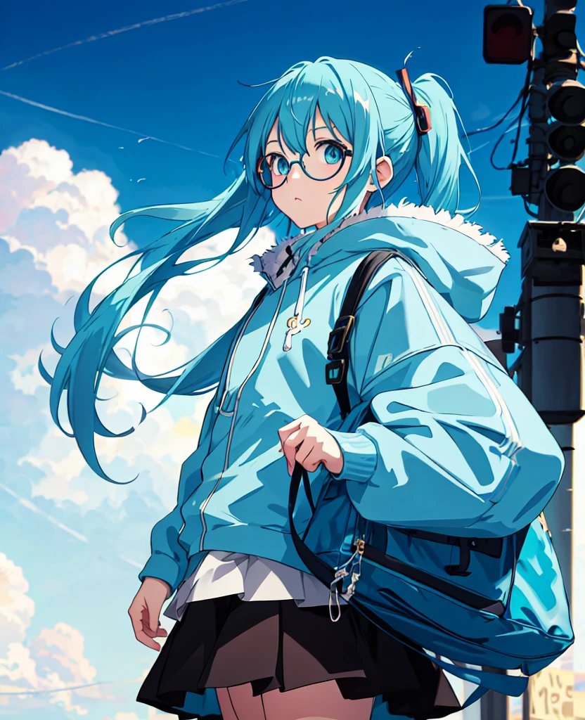blue hair standing on street corner、Anime girl wearing big round glasses, Anime cute art style, Cyan hair anime girl, anime style 4k, 高品质anime art style, 2D anime style, mikudayo, Artgerm and Atey Ghailan, anime art wallpaper 8k, anime art style, modern anime style