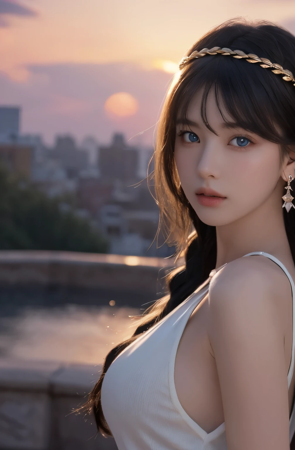 masterpiece, (photogenuineistic: 1.4), highest quality, beautiful lighting, outdoor, Girl Single, alone, jewelry, earrings, long hair, blue eyes, black hair, outdoor, big breasts, Scapula, lips, null, sunset, Braid, hair ornaments, genuine, bangs, cloud, necklace, pillars, hair band, big breasts, daytime,  (Highly detailed wallpapers in CG unity 8k), Complex, high detail, sharp focus, dramatic, beautiful girl, golden details , Raw photo, 8K UHD, film grain