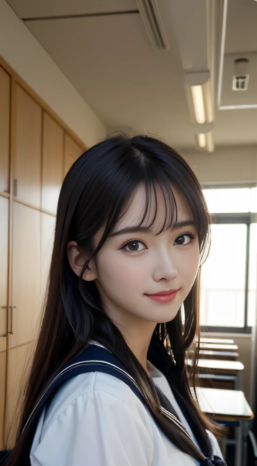 Face Interview, (Photoreal:1.4), (hyper realistic:1.4), (realistic:1.3), (smooth lighting:1.05), (Improve video lighting quality:0.9), 1 female, 16-year-old woman, realistic lighting, Backlight, facial light, ray tracing, (cheerfulness:1.2), (Improved image quality:1.4), (Highest quality realistic textured skin), finely tuned, small face, red cheeks, slender body, medium-breasted pointed jaws,,,,,,,,,,,,,, Japan idol system, Nogizaka idol, glowing skin, fiery idol pose, P, dull bangs, black hair, hair behind the ear, shoulder hair, long hair,tear bag,Summer plateau、no makeup、Inside a high school classroom、(High School Uniform Sailor Uniform:1.2)