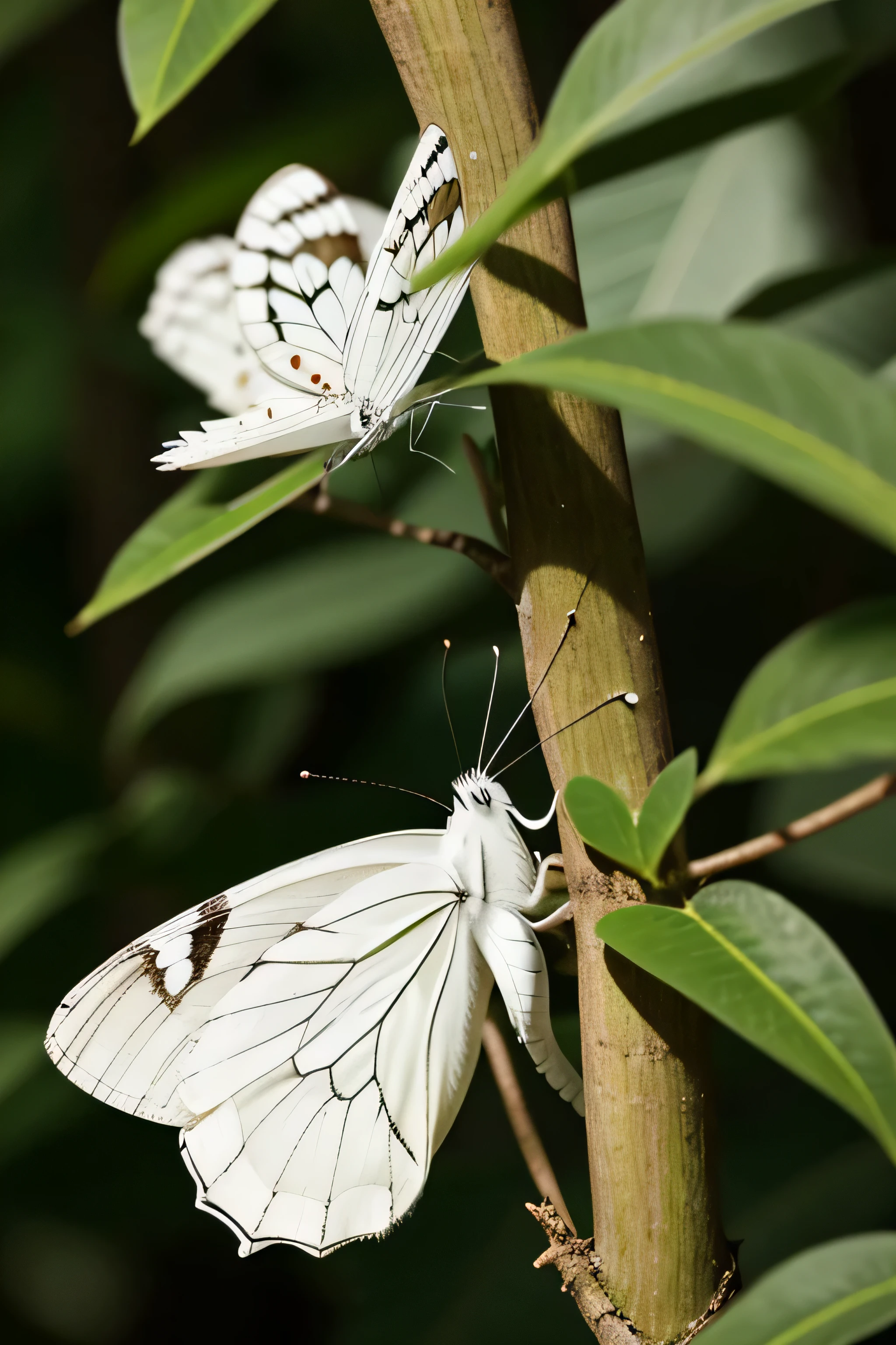close-up of a white butterfly perched on a tree