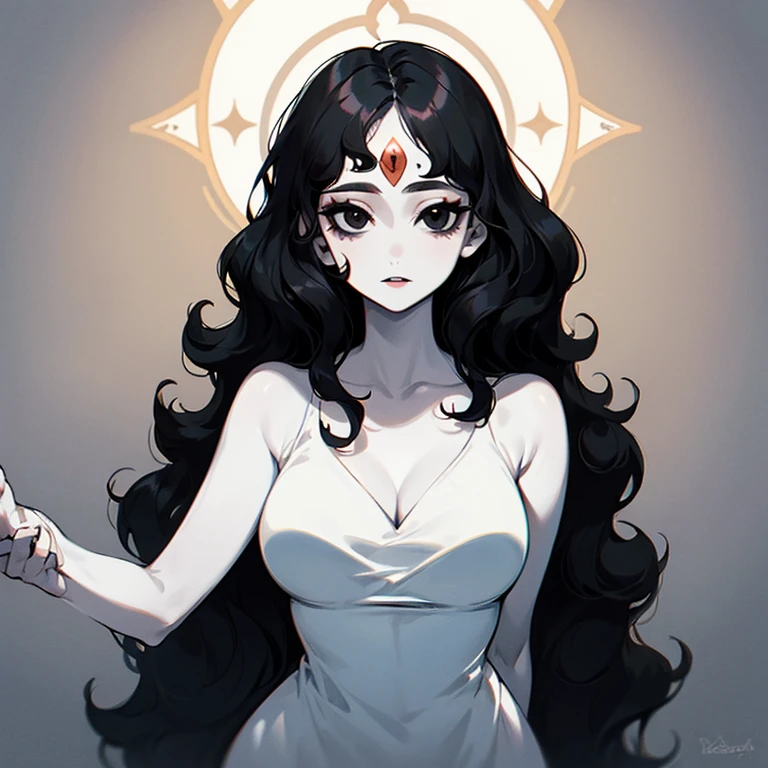 (((Pale woman))),(((Black wavy hair))),(((Completely black eye))),(((Third eye))),(Body with slight curves)