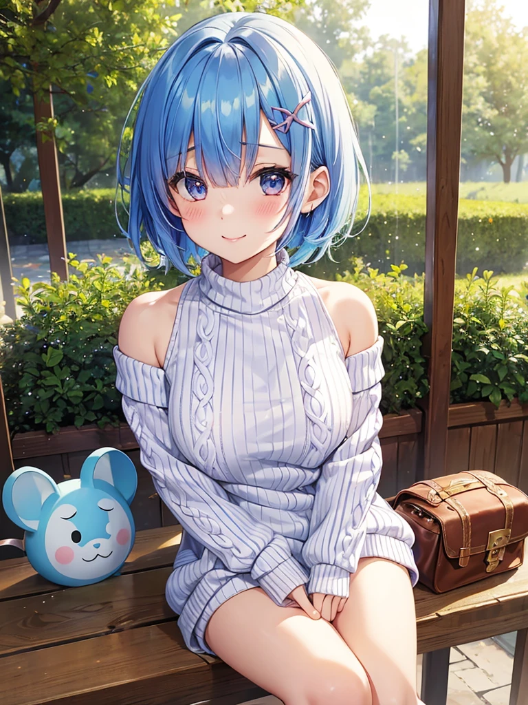 masterpiece,highest quality,High resolution ,1 girl,Rem, Re Zero, blue hair, short hair,straight hair, ((thin)),big breasts,white skin,((sweater(Animal patterns),((胸にAnimal patterns柄のsweater))transparent)),((stripe)),((clothing:sweaterのみ)),bags under eyes,smile,Chemomimi,happiness,bare shoulders,