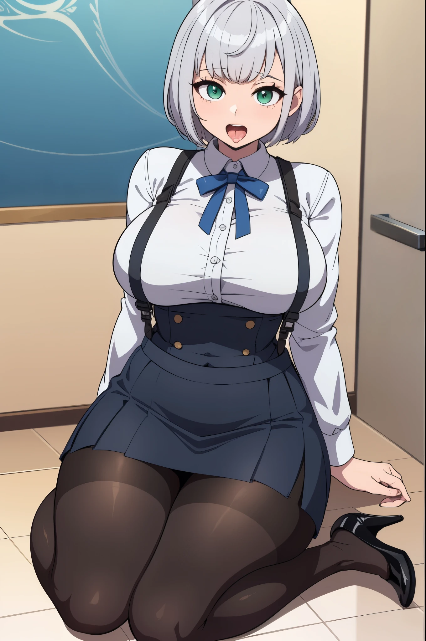 masterpiece, best quality, ultra-detailed, illustration, colorful, flat color, depth of field, 1girl, noel shirogane, anime, staying on her knees on the floor, silver hair, short hair, green eyes, looking at viewer, at restroom, suspender skirt, naked suspenders, navel, black skirt, pantyhose, black pantyhose, detailed skin texture, detailed cloth texture, beautiful detailed face, open mouth, tongue out, huge breasts, view from front, high heels