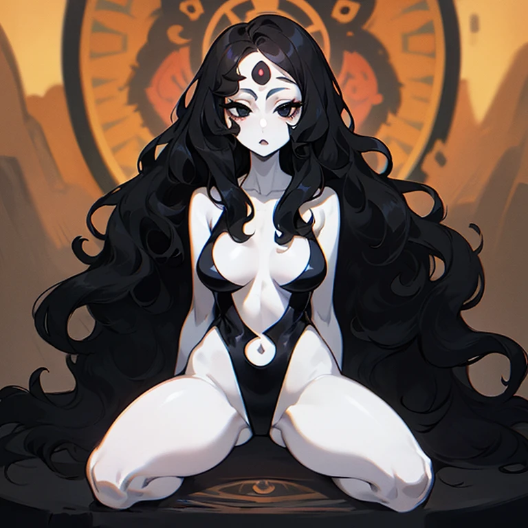 (((Pale woman))),(((Black wavy hair))),(((Completely black eye))),(((Third eye))),(Body with slight curves)