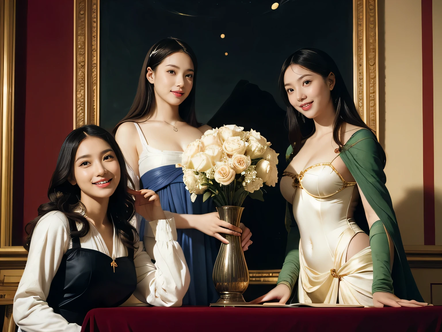 Geometry,astronault,quantum mechanics,Math,Astronomical machinery,astronault.Roses in a vase.fruits,Colossal tits,A smile.Ancient Greek costumes,Paintings by Sandro Botticelli。Costume with stretched shoulders,huge smile,Chiaroscuro of Caravaggio,Cute smile, Expression of ecstasy,A sexy