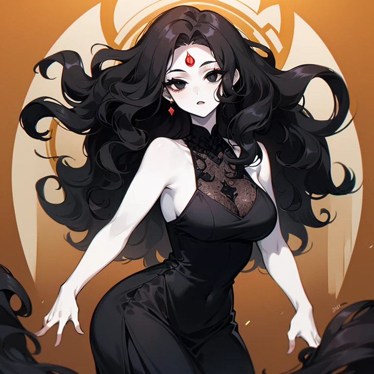 (((Pale woman))),(((Black wavy hair))),(((Completely black eye))),(((Third eye))),(Body with slight curves),(((Beautiful Dress)))