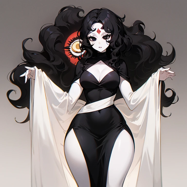 (((Pale woman))),(((Black wavy hair))),(((Completely black eye))),(((Third eye))),(Body with slight curves),(((Beautiful Dress)))