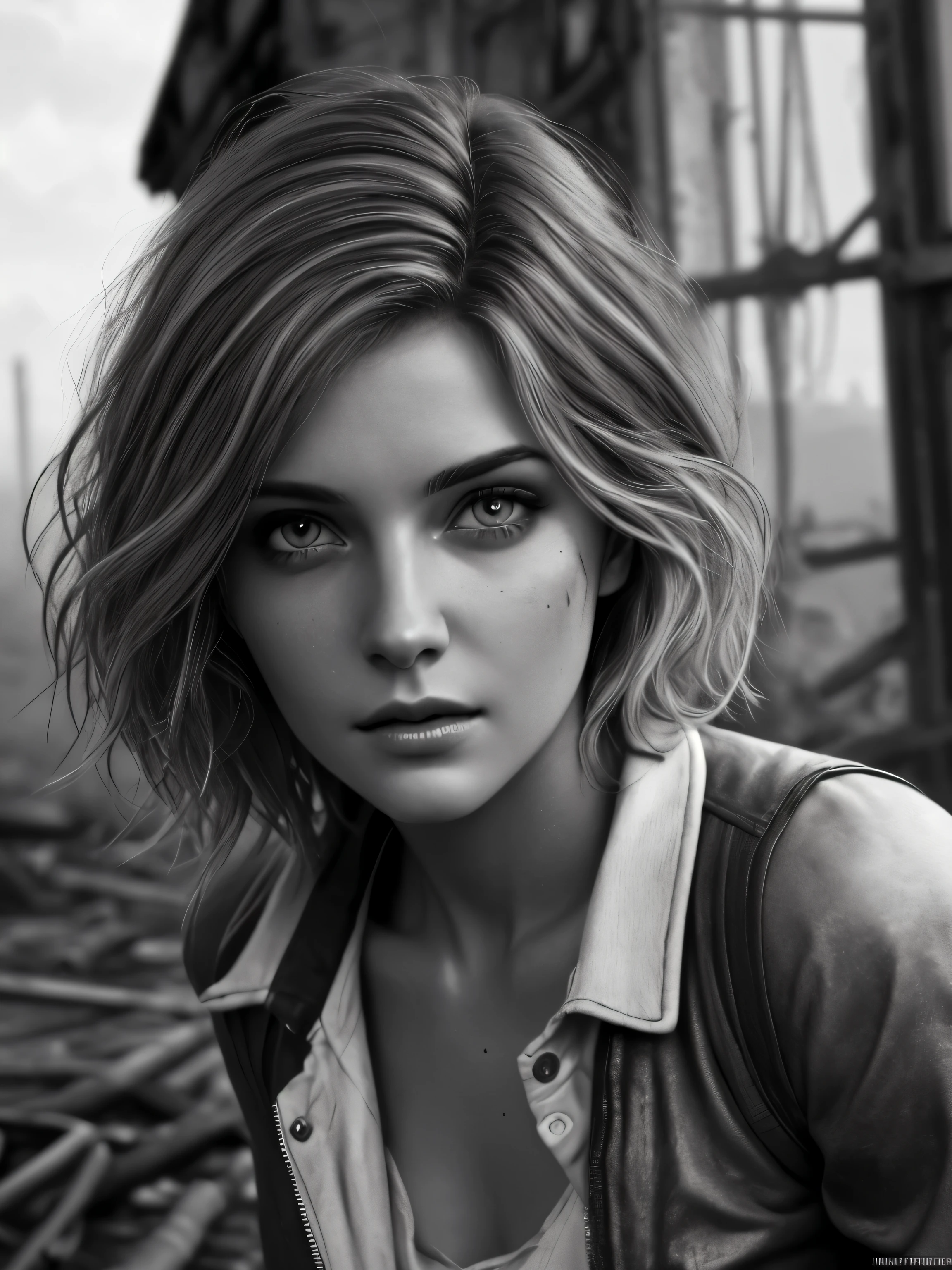 photorealistic, Masterpiece photo in shades of gray, woman with disheveled hair and tiny post-apocalyptic clothes, cute sexy, (Detailed wasteland background), ultra sharp focus, Detailed face, (((posing))), random hair color, short hair, Beautiful eyes, whole body, high quality black and white image