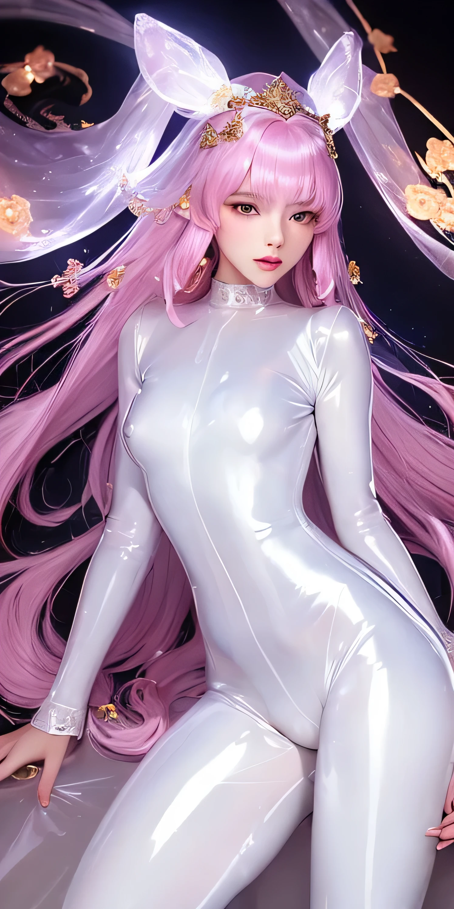 an unparalleled masterpiece, unity, Ultra-realistic 8k CG, perfect artwork, ((perfect woman image)), , cute, Big Tig,pink hair, ridiculously long hair, green eyes, beautiful and detailed eyes,Are standing, mature woman, mature woman, tight waist, chinese deity, looking at the viewer, seductive posture, sexy pose, Charm, clean, beautiful face, pure face, white skin, (:0.8,pubic hair ),( small breasts, NSFW,swollen nipples), god goddess, shiny skin, skin dents, race, race trim, race-trimmed legwear, delicate pattern, intricate details, (rich:2), Prestige, nice, luxury, royal parace, jewelry, gem, money, Silver, diamond, shine, sapphire, Ruby, emerald, pearl, amber, obsidian,Close up portrait of a nice girl, leaning forward, beautiful hands,five fingers on one hand,blue skirt, pink panties,side tie panties,delicate pattern,intricate details,(detailed facial features),(Detailed features of the garment),Complex pants,long legs,Complex earrings,intricate jewelry, headdress,(Translucent Shiny White Latex High Leg Long Sleeve Bodysuit:1.7),Yellow Humph:1.5,side tie panties,perfect for your skin,meanwhile,