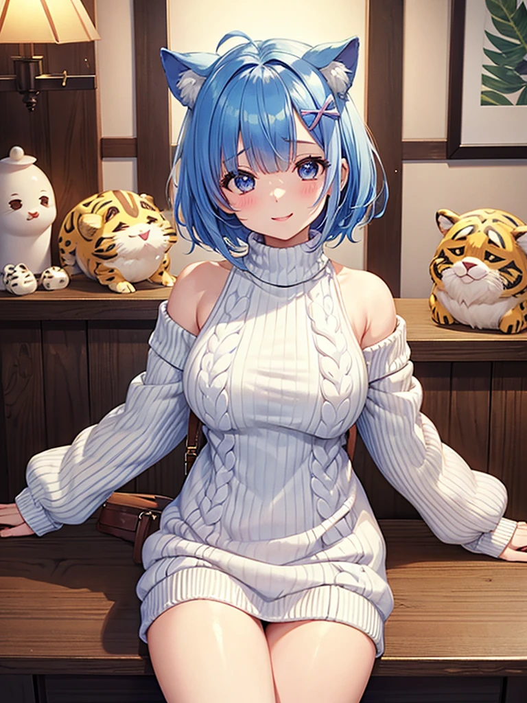 masterpiece,highest quality,High resolution ,1 girl,Rem, Re Zero, blue hair, short hair,straight hair, ((thin)),big breasts,white skin,((sweater(Animal pattern),((胸にAnimal pattern柄のsweater)))),((stripe)),((clothing:sweaterのみ)),bags under eyes,smile, embarrassed face,