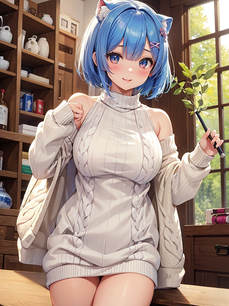 masterpiece,highest quality,High resolution ,1 girl,Rem, Re Zero, blue hair, short hair,straight hair, ((thin)),big breasts,white skin,((sweater(Animal patterns),((胸にAnimal patterns柄のsweater))transparent)),((stripe)),((clothing:sweaterのみ)),bags under eyes,smile,Chemomimi,happiness,bare shoulders,