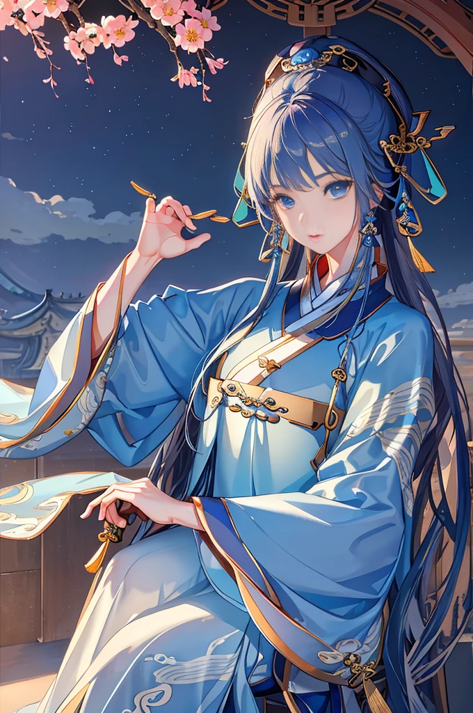 masterpiece, professional lighting, photon mapping, Radiosity, Physically based rendering,1 girl, whole body,ridiculous, high resolution, Skyline, beautiful detailed sky, cover,(white hanfu, (Tang Feng:1.3)),blue eyes,