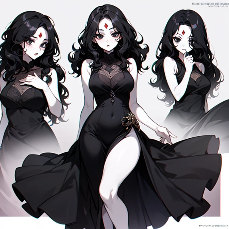 (((Pale woman))),(((Black wavy hair))),(((Completely black eye))),(((Third eye))),(Body with slight curves),(((Beautiful Dress)))