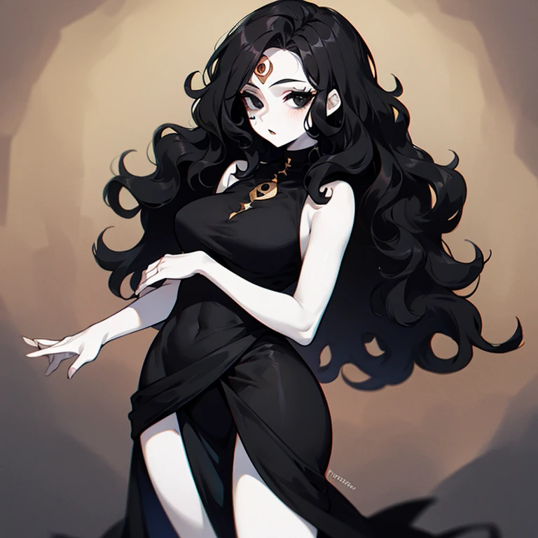(((Pale woman))),(((Black wavy hair))),(((Completely black eye))),(((Third eye))),(Body with slight curves),(((Beautiful Dress)))