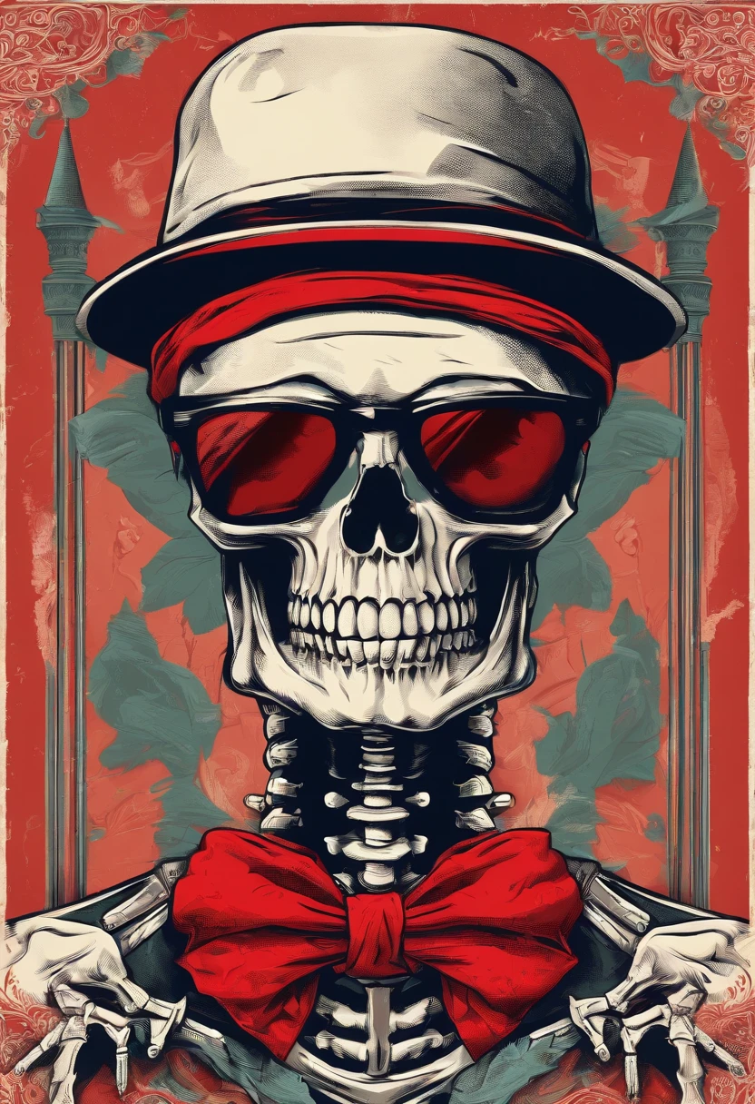Skeleton wears a red bandana around his neck, Fashion glasses, famous brand cap, cartazes, planfetos, adesivos, propaganda, revista.