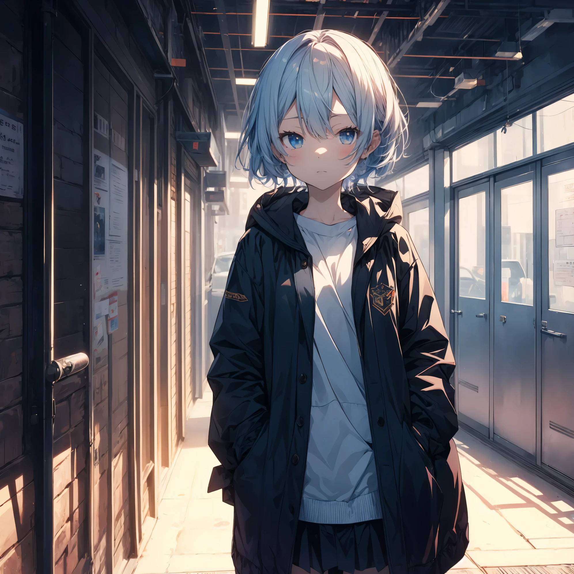 super highest quality, super detailed, High resolution, anime moe art style, best anime 8K konachan wallpaper, pixiv contest winner, perfect ???????, break,(眠そうにalone学校へ行く女の子を描いてください. ),break, surreal high school girl, (alone,change, child,13 years old:1.3),All limbs, full finger,Middle school students, androgynous charm, (very short hair), messy hair, flat chest, small ass, between legs, Small black eyes,beautiful and fine eyes, Well-proportioned iris and pupils, disgusted eyes, High resolutionの詳細な髪, school uniform, (skirt), On the way to school. break,super dense skin, Best lighting by famous artists, 8K, figure,