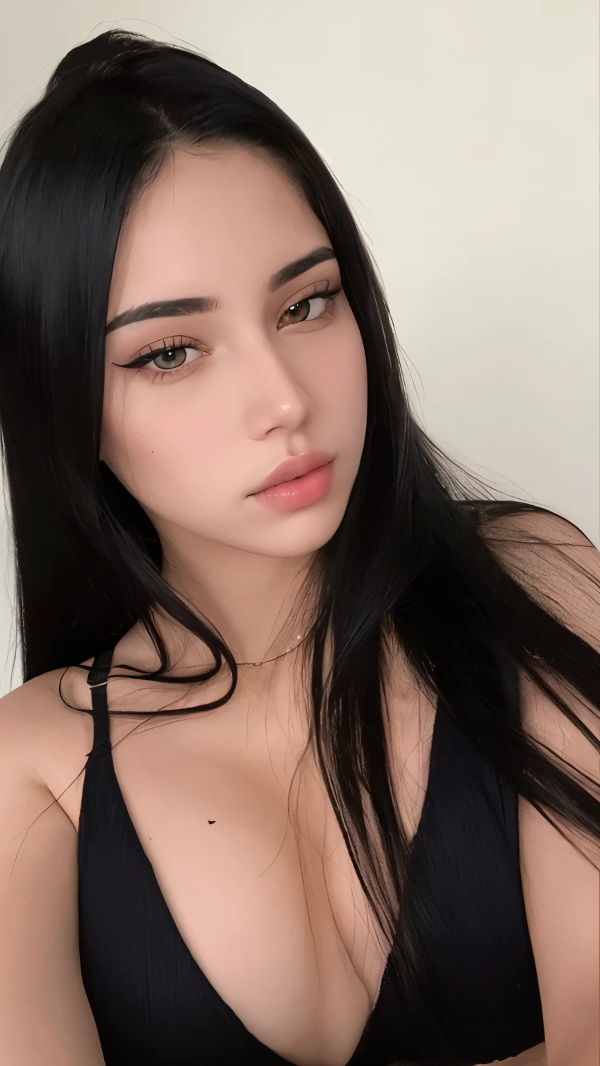 a close-up of a woman with long black hair and a black bra, 18 anos de idade, 1 6 anos, Rosto extremamente lindo, de 19 anos, 21 anos de idade, 22 anos de idade, garota persa de pele clara, rosto perfeito ), Asian girl, 2 modelo feminino de 4 anos, cabelo preto e olhos grandes