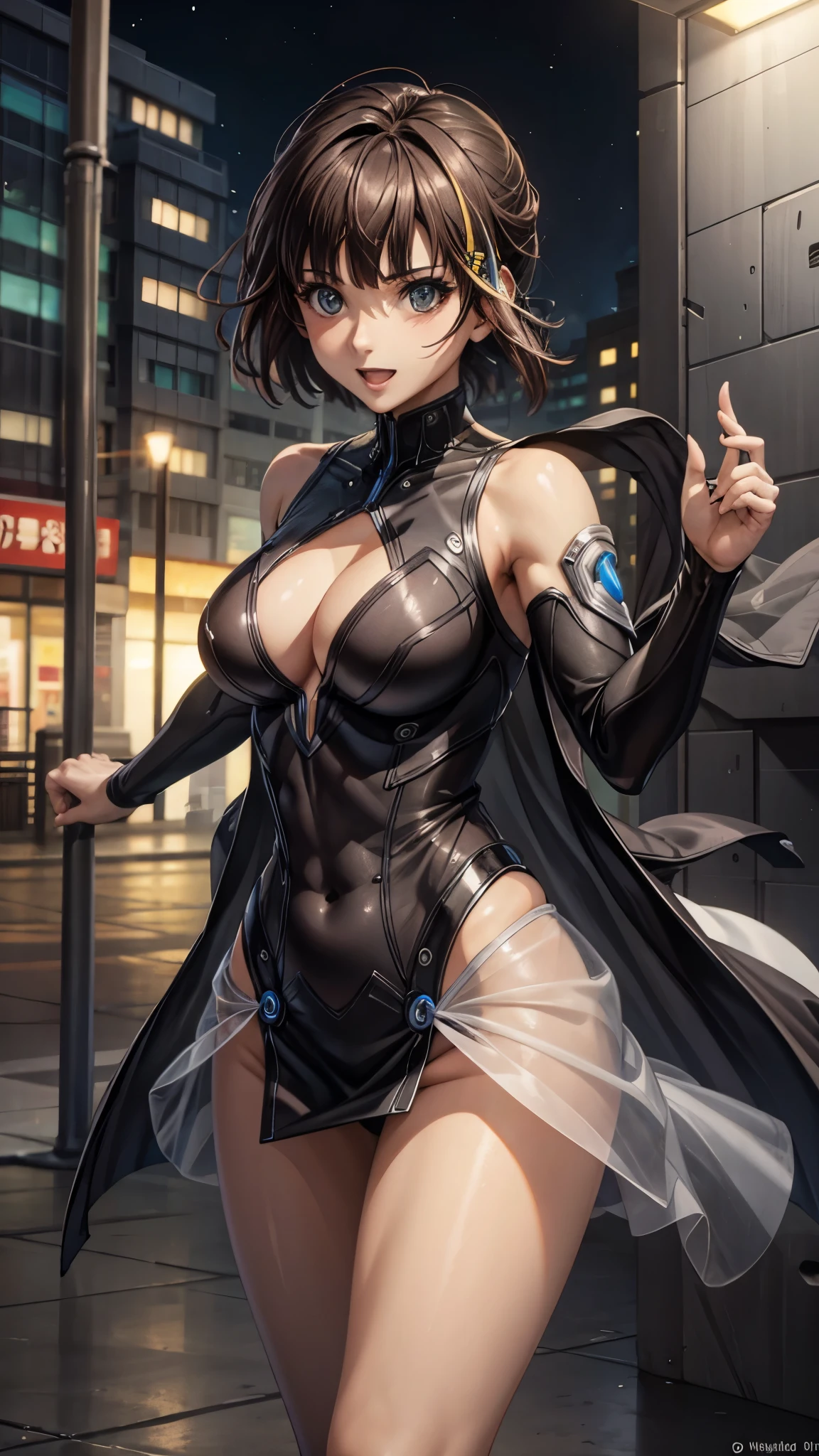 woman,20-year-old,,city,night,white tight miniskirt bodysuit,(Harada Makoto),open mouth smile((See-through))blonde
