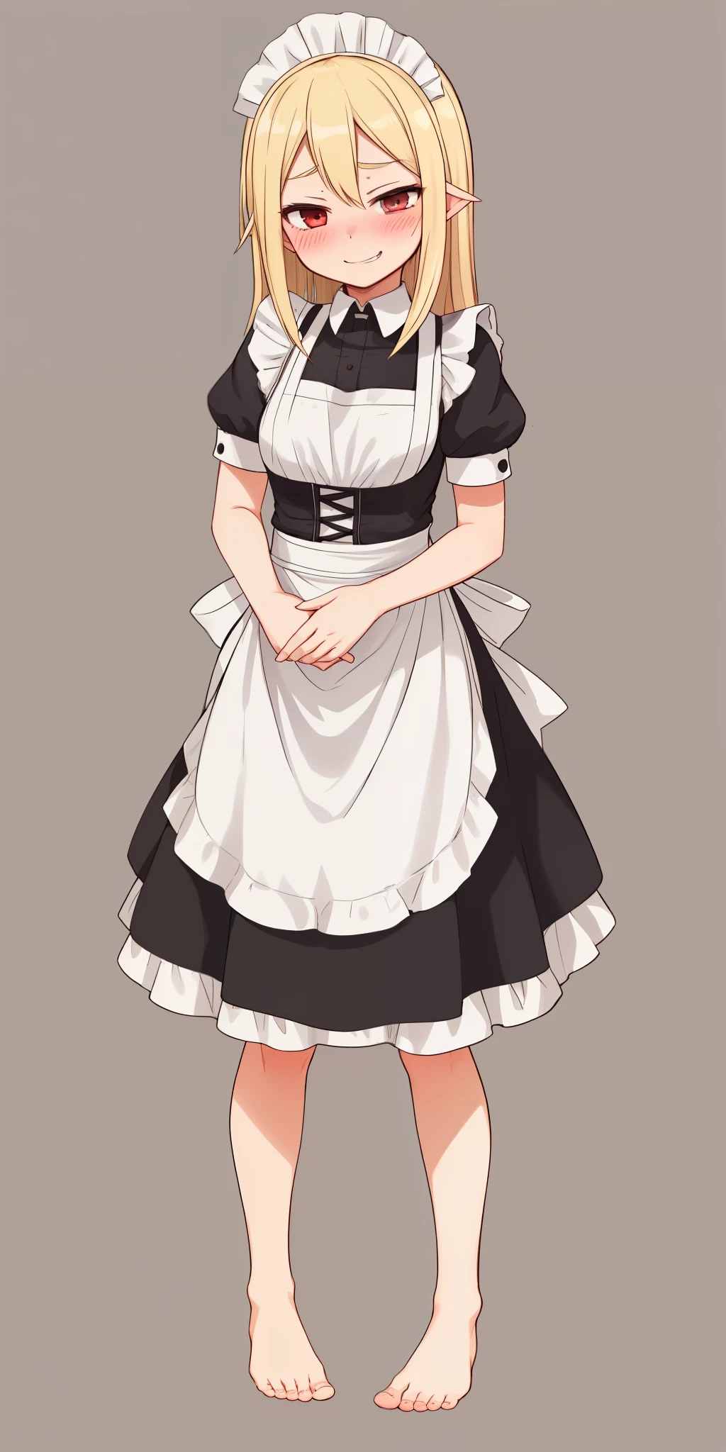 1girl, cute, ((Short black hair girl and long blonde hair girl)), maid victorian, maid apron, straight face, dazed, Body position: Standing, straight, symmetrical, barefoot, Lustful smile on face with red blush,
