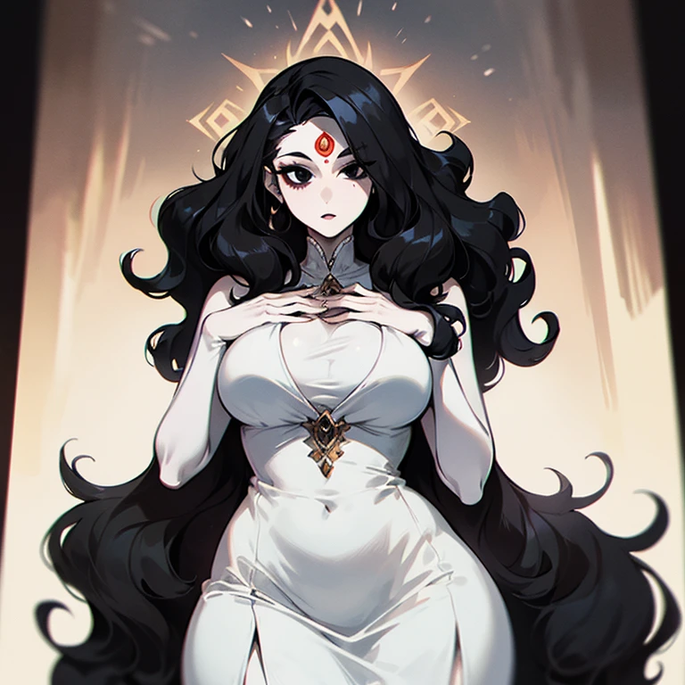 (((Pale woman))),(((Black wavy hair))),(((Completely black eye))),(((Third eye))),(Body with slight curves),(((Beautiful Dress)))