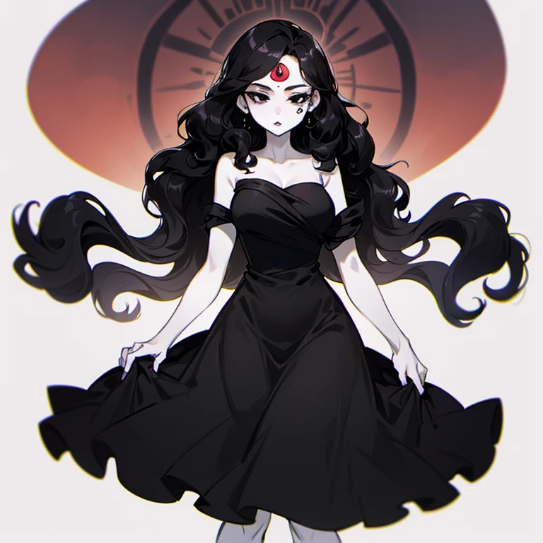 (((Pale woman))),(((Black wavy hair))),(((Completely black eye))),(((Third eye))),(Body with slight curves),(((Beautiful Dress)))