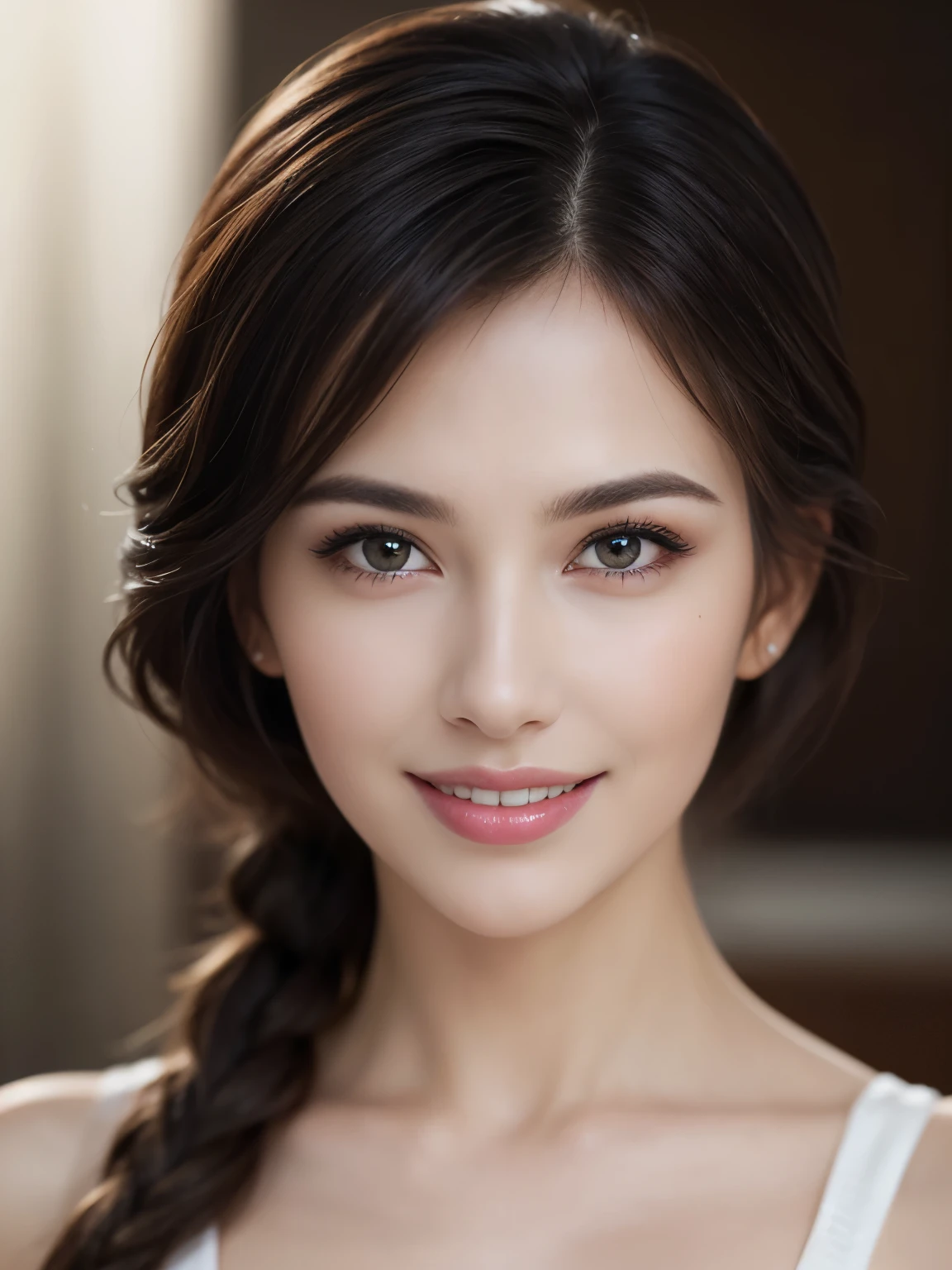 1 female, up hairstyle, (Ultra realistic, High resolution), (highly detailed eyes, highly detailed hair, highly detailed face, Highly detailed plump lips), Upper body, Search Smile, (highest quality:1.4), RAW photo, (realistic, photo-realistic:1.37), professional photography, cinematic light, (detailed face: 1.2),((sexy milf:1.3))、thick lips、lip gloss、eye make up,40 years old