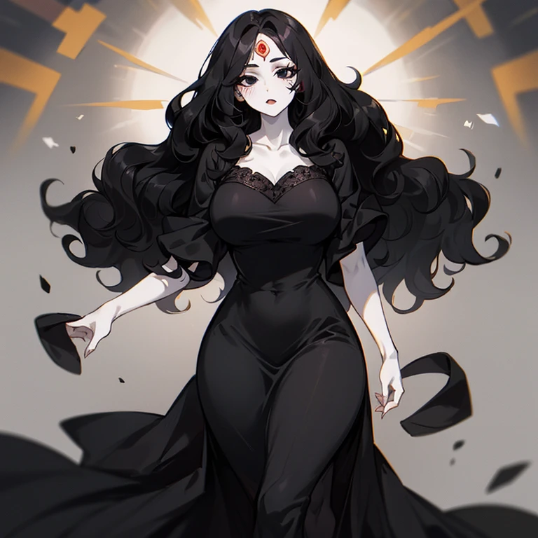 (((Pale woman))),(((Black wavy hair))),(((Completely black eye))),(((Third eye))),(Body with slight curves),(((Beautiful Dress)))