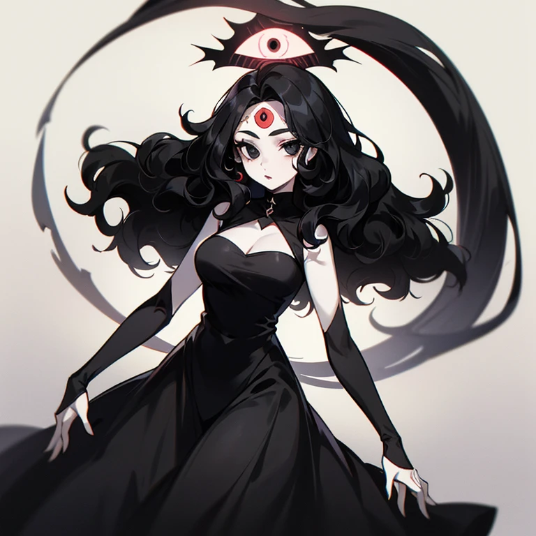 (((Pale woman))),(((Black wavy hair))),(((Completely black eye))),(((Third eye))),(Body with slight curves),(((Beautiful Dress)))