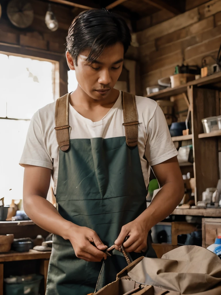  Malaysian man making wax canvas bag in rustic workshop, professional photography 