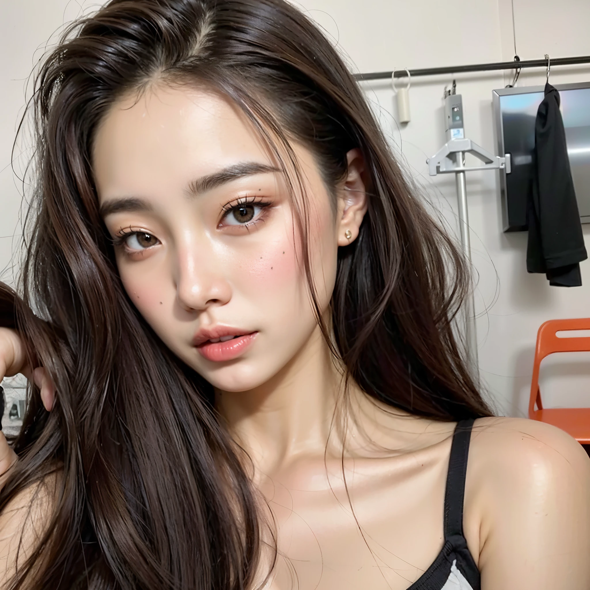 um close up de uma mulher com cabelos longos usando um top preto, Menina coreana, beautiful south mulher coreana, Ulzzang, gorgeous young mulher coreana, beautiful young mulher coreana, dilraba dilmurat, jaeyeon nam, young lovely korean face, Heonhwa Choe, Jinyoung Shin, Korean facial features, mulher coreana, beautiful asian girl