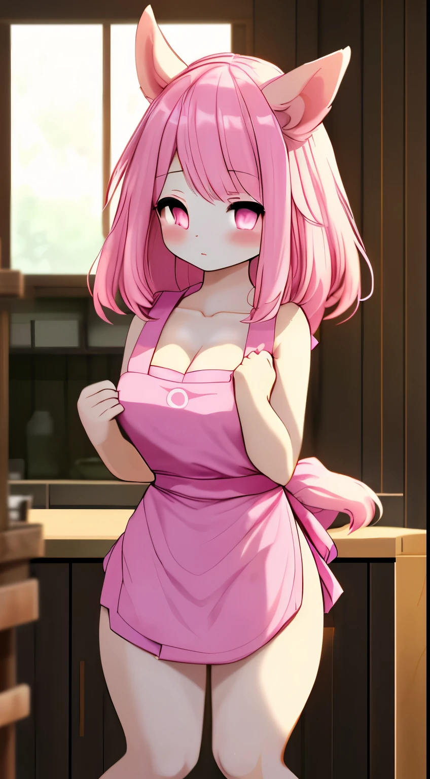 1girl in, 独奏, Pink hair, (barechested:1.3), (White apron),, cleavage of the breast, thighs thighs thighs thighs, opening legs,anthro,equinegirl,horse,shota