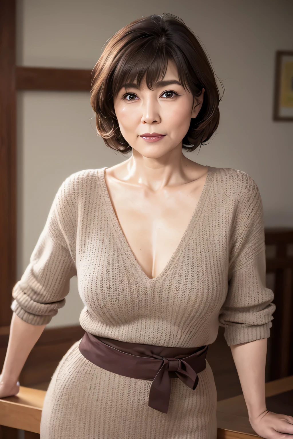 High resolution, High resolution, high detail, realistic, rough skin, anatomically correct, sharp,
gray background,
((stand facing forward、Staring at the viewer'serious face eyes.))
sweater, skirt,
((50 year old japanese mature woman, bangs, well-shaped small breasts, Messy light brown medium hair)),
high heels on feet, full body photo