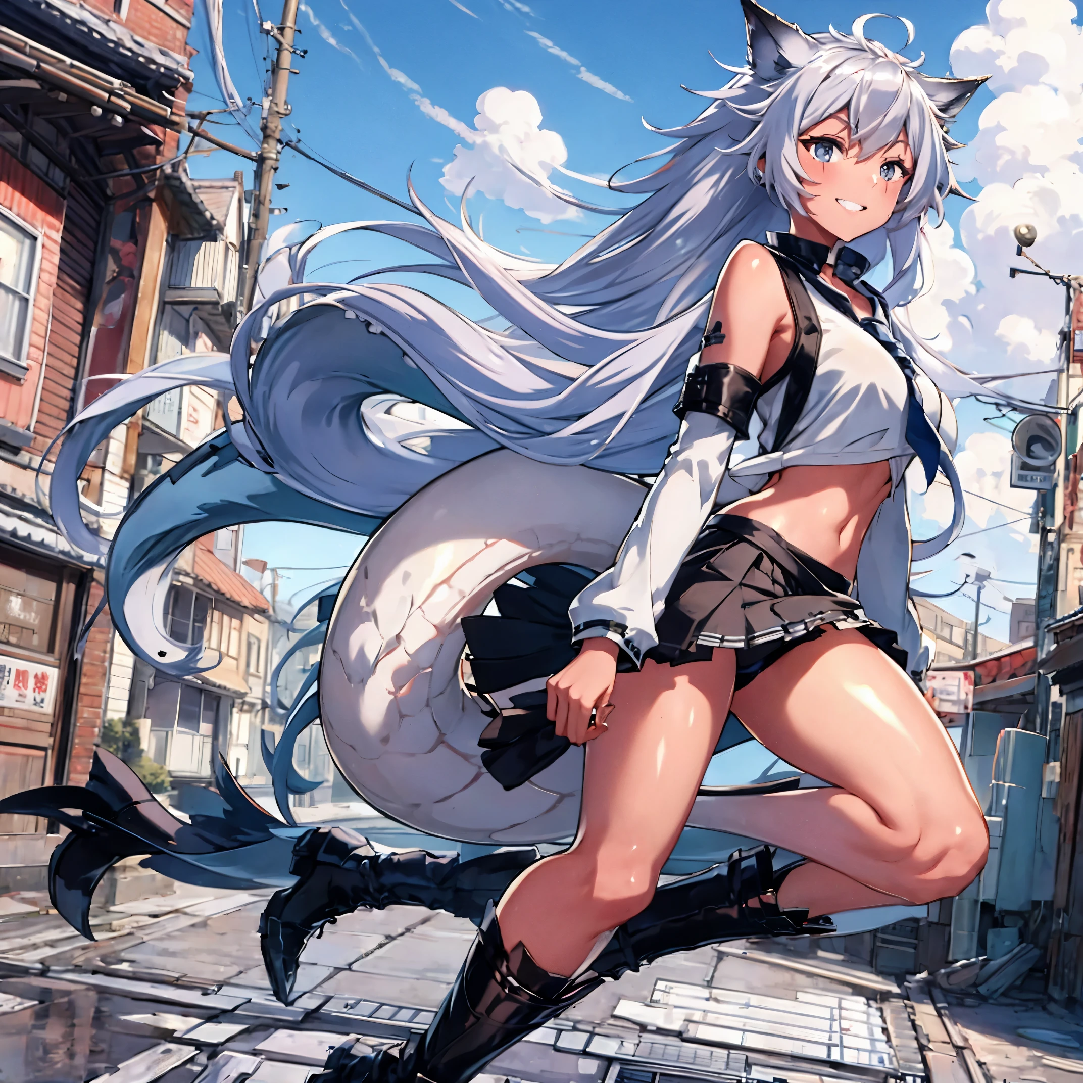 8k, resolution, high quality, high resolution, best quality, extremally detailed, best resolution, absurd resolution, ray tracing, high detailed, masterpiece, extremely detailed,shoulder length white hair, female,2 white wolf ears, age girl, slim body, white scale dragon tail,black boots,black leggings, navel blue school skirt, sailor shirt, white jacket, medium size chest, detailed blue eyes, detailed beautiful face,solo female,1 dragon tail, detailed eyes, tomboyish, dragon tail, white scales