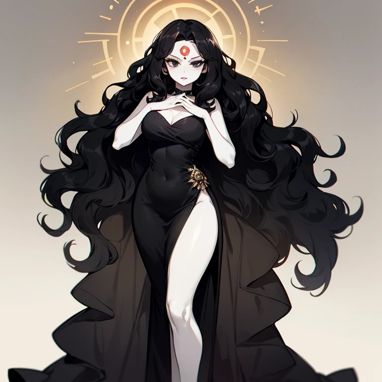 (((Pale woman))),(((Black wavy hair))),(((Completely black eye))),(((Third eye))),(Body with slight curves),(((Beautiful Dress)))