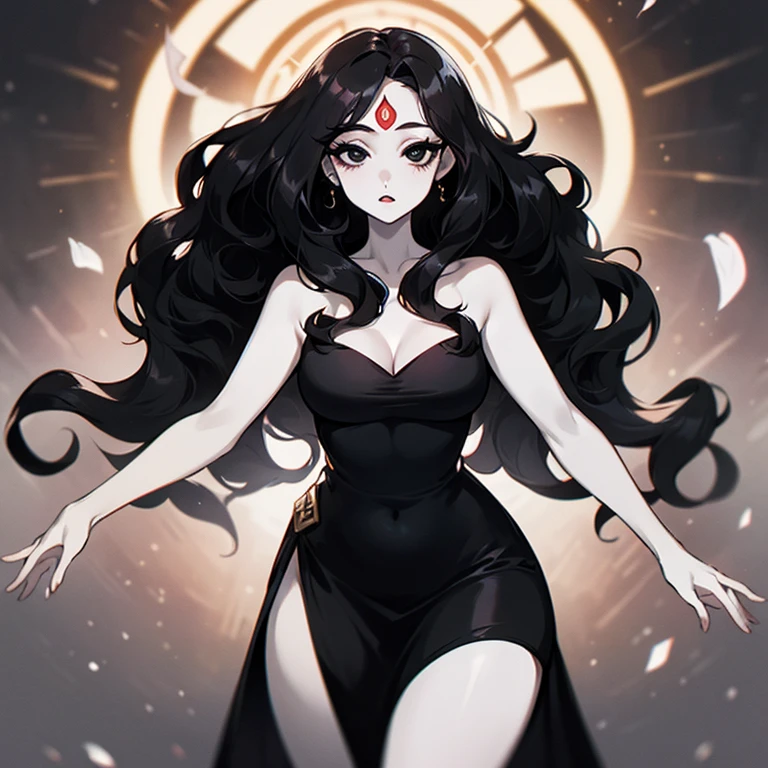 (((Pale woman))),(((Black wavy hair))),(((Completely black eye))),(((Third eye))),(Body with slight curves),(((Beautiful Dress)))