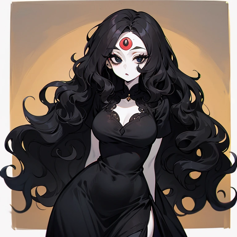(((Pale woman))),(((Black wavy hair))),(((Completely black eye))),(((Third eye))),(Body with slight curves),(((Beautiful Dress)))