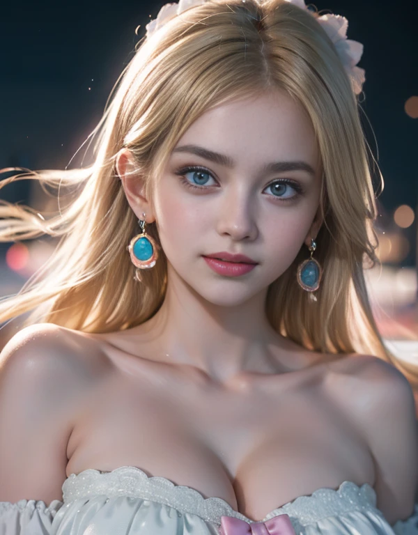 masterpiece,Highest image quality,Super details,best quality ,extremely delicate and beautiful, Very detailed,best quality, official art, Extremely detailed CG unified 8k wallpaper, Ana de Armas portrait photo, Blonde hair, blue eyes,Glowing and radiant skin, (beautiful eyes:1.1), beautiful skin, big watery eyes, (detailed lighting:1.2), (Beautiful and detailed light:1.3), Beautiful maid outfit, deep understanding, beautiful breast balls, complex, number, Smooth, sharp focus, end of the world, epic reality, (high dynamic range:1.4), charming curves,(pastel colors:1.4), end of the world的, give up, neutral color, night, screen space refraction, (intricate details, Super detailed:1.3), art station, lens, vignette, complex background, buliding,charming smile,Detailed moon background,Dreamcatcher earrings,(Maid uniforms in various colors,White,pink,Purple,red,blue,orange color,green,blue,),Strapless,