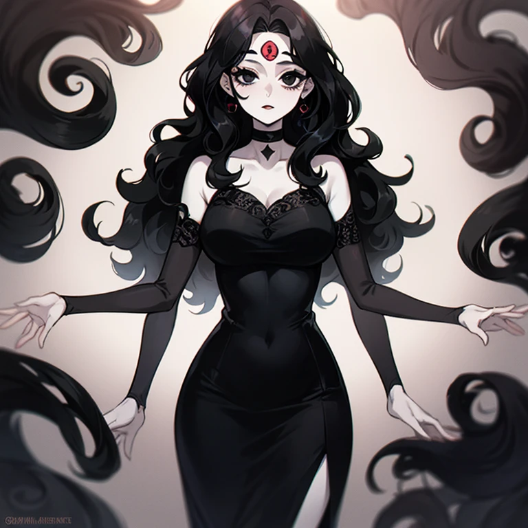 (((Pale woman))),(((Black wavy hair))),(((Completely black eye))),(((Third eye))),(Body with slight curves),(((Beautiful Dress)))
