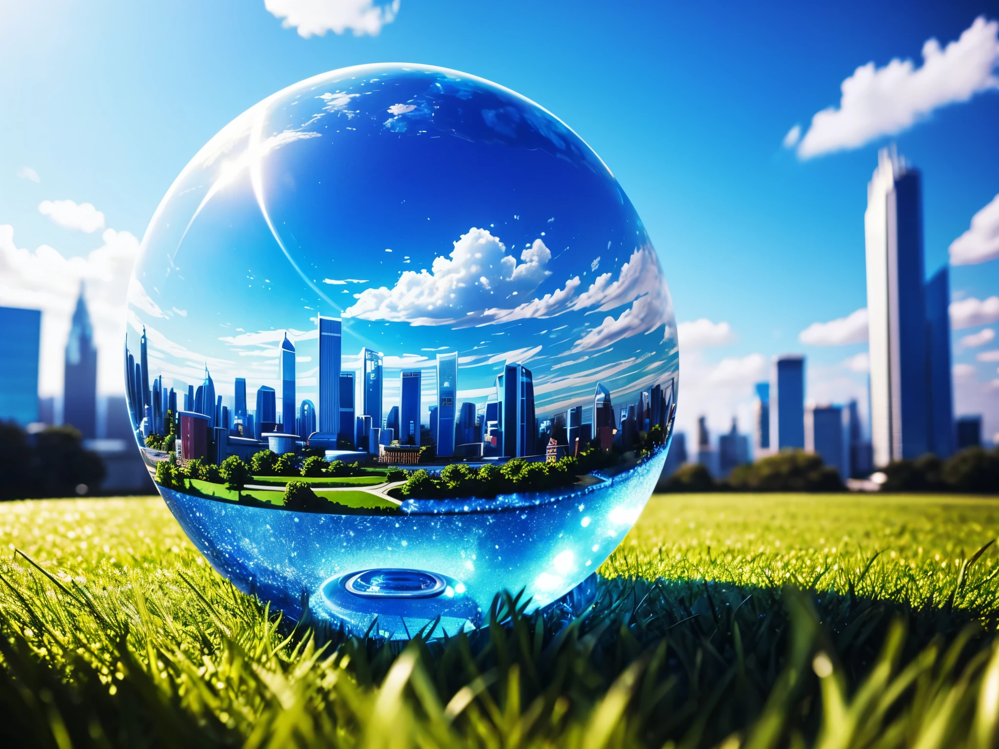 blue glass globe on grass with sky with city in background, Miki Asai Macro photography, close-up, hyper detailed, trending on artstation, sharp focus, studio photo, intricate details, highly detailed, by greg rutkowski