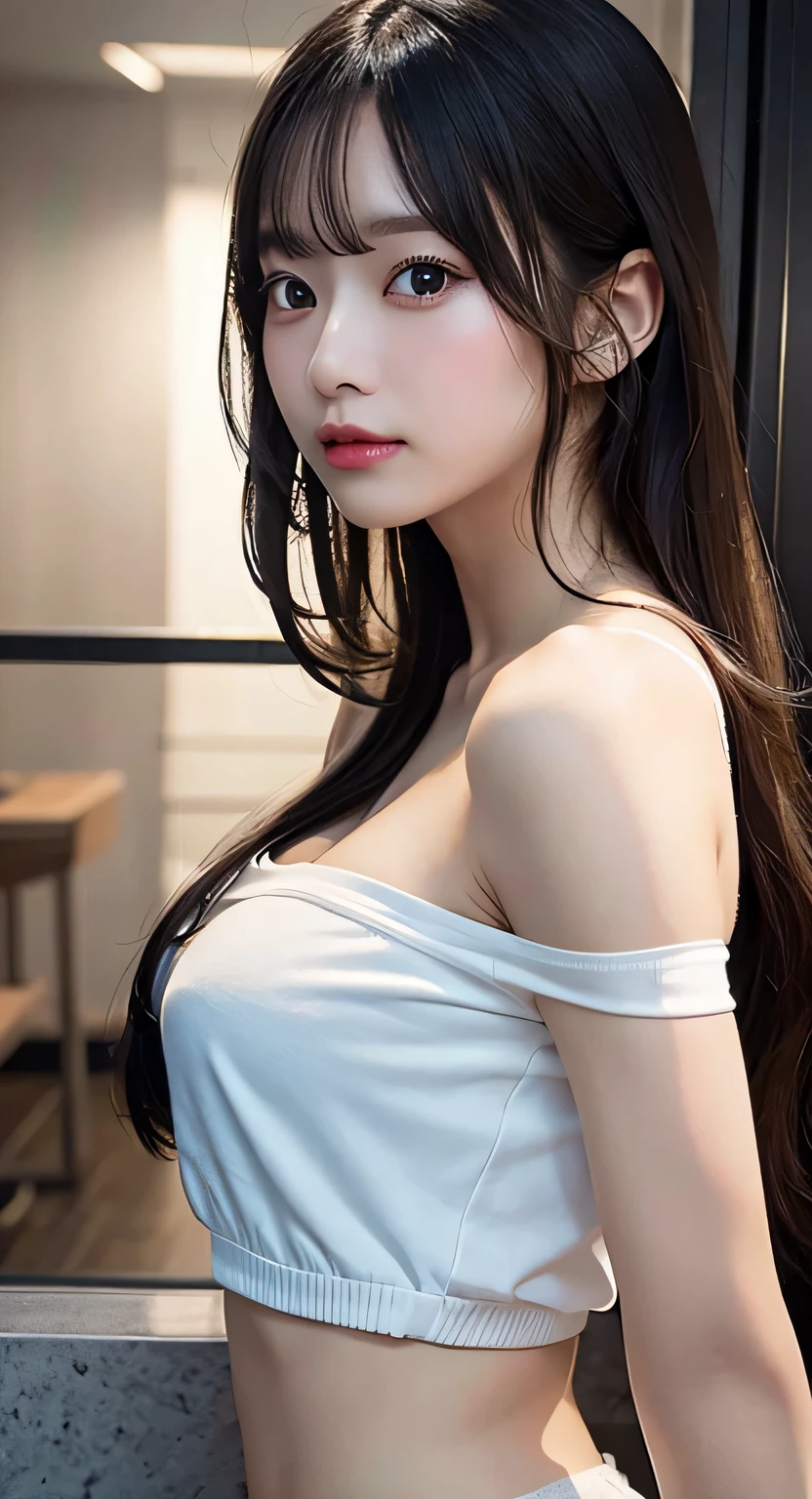 (8K, RAW photo:1.2)detailed face and eyes,highest quality, ultra high resolution, very detailed ,intricate details ,debris flies ,pretty girl, soft light like a movie, hyper detail,focus clearly on the chest, （beautiful black hair）, （long hair）, （cleavage is visible）,（white off shoulder）、(mini skirt）、（random pose）