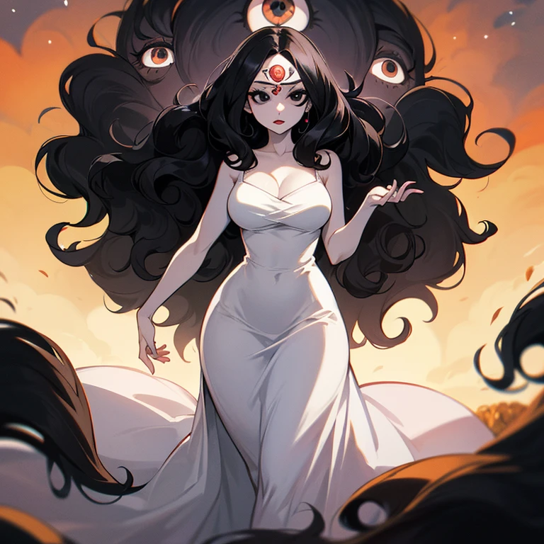 (((Pale woman))),(((Black wavy hair))),(((Completely black eye))),(((Third eye))),(Body with slight curves),(((Beautiful Dress)))