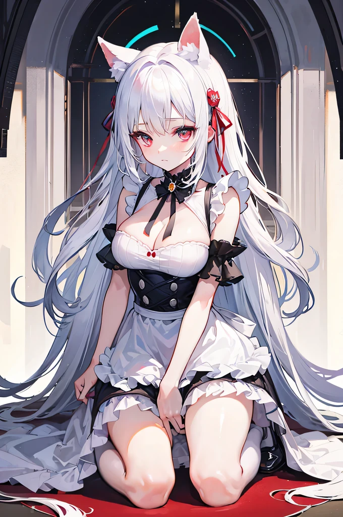big breasts，Dressed in tattered maid outfits，Look at me tenderly，blood red eyes，wear white，beautiful hair、 beautiful eyes、 beautiful skin、beautiful legs、beautiful arms、perfect fingers、 very cute，white hair, long hair，white cat ears, white cat tail,best quality，high resolution，top quality、 looking at the audience,sitting,kneeling&set on the floor，Knees together,internal figure eight，alone