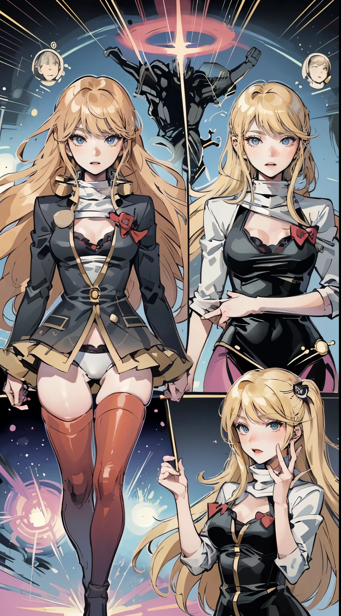 Comic storyboard,A creature taken from all men's dreams,Sexy,camel-toe,Thin gaps,female bodies, Shark teeth, Multiple sticky outer limbs, There is a bright halo on the head, Red eyes,In a space full of psychedelic patterns,轴对称,Enchanted look,Long hair,femdom,anatomy correct