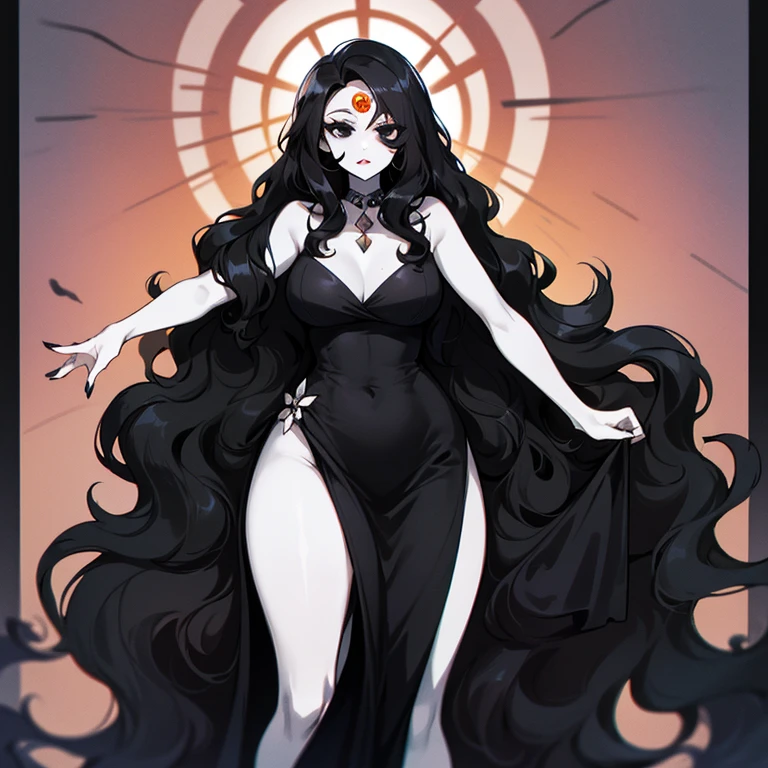 (((Pale woman))),(((Black wavy hair))),(((Completely black eye))),(((Third eye))),(Body with slight curves),(((Beautiful Dress)))