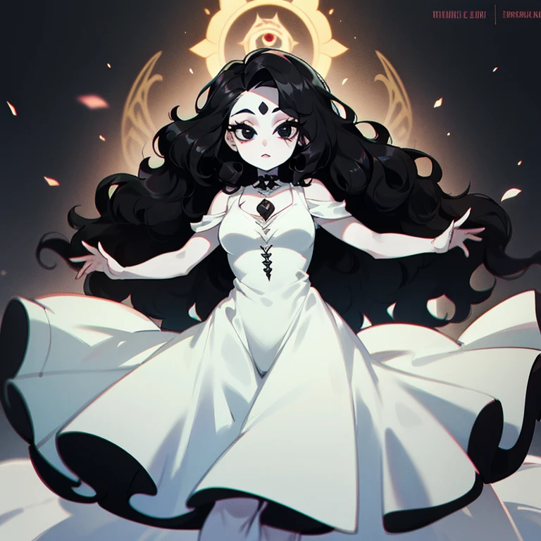 (((Pale woman))),(((Black wavy hair))),(((Completely black eye))),(((Third eye))),(Body with slight curves),(((Beautiful Dress)))