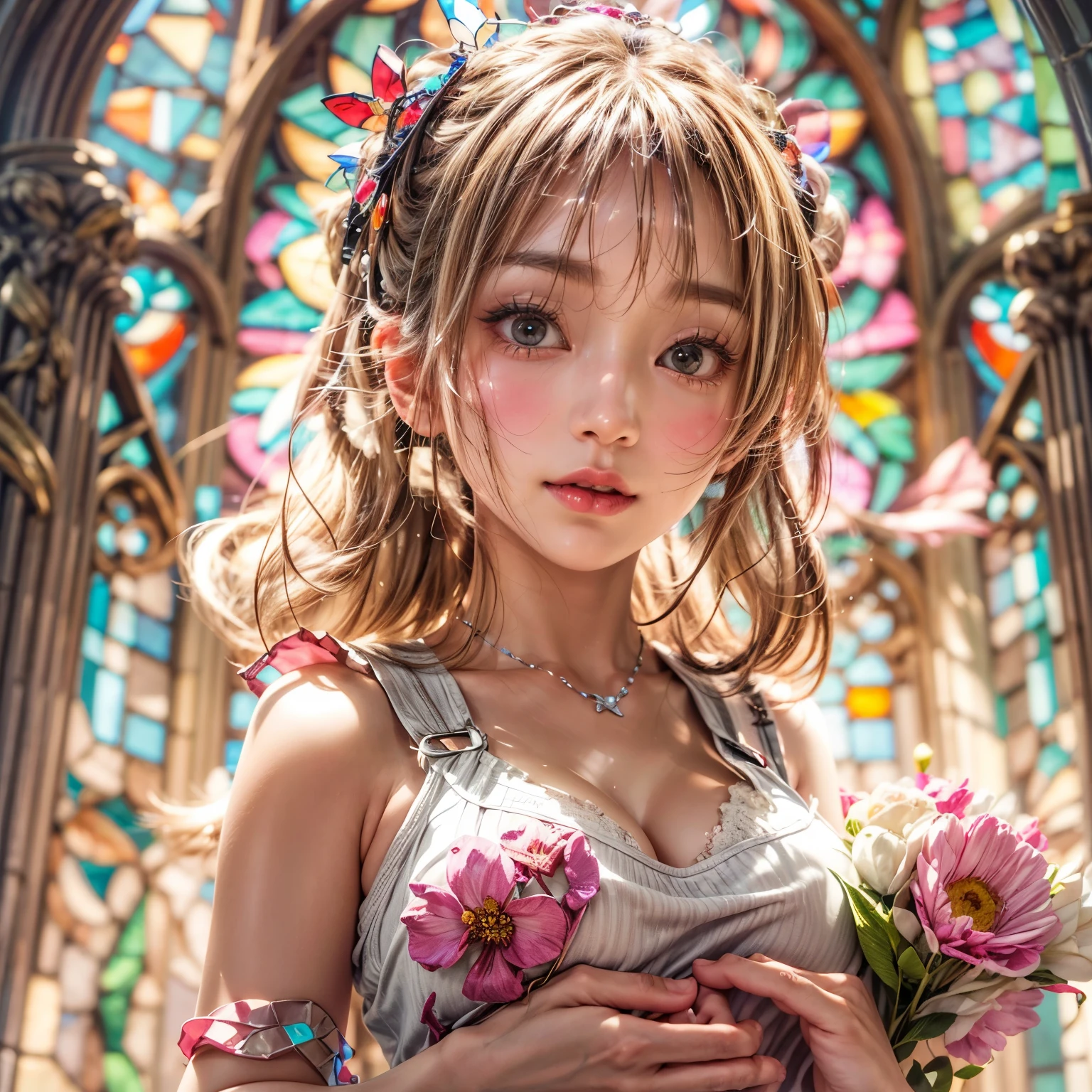 (NSFW:-0.98) . White and Red, (Dazzling colorful light pours down and reflects:1.2), (Physically-based Rendering with incredible detailed Textures), Award-winning Masterpiece of professional Analogue photograpy, { (((Photorealistic:1.37))) | (Hasselblad with F2.8) }, (((Acutance:0.85), { from below | from side } )) . ((A group photo of many KAWAII girls in (school uniform))) with visible Overflowing Cleavage and Navel without bra . (((Extremely detailed KAWAII face variations)) with joyful expressions), { Glossy cute Lips Closeup | Detailed natural eyes with sparkling highlights and long eyelashes | Rosy cheeks | Navel | (pretty Ass) | (Overflowing underboob) | Oiled ivory skin Details | White panties with (blood seeping only in crotch area) | ((full of Flowers covering girl's body:1.15)) | (((Dazzling colorful stained glass with stunning elaborate details:1.2))) | Mystic sight | A Halo ling in the air | God rays | Haze | Lens flare | Luminescent particles | Kissing face to face } . Ultra-detailed, (Exposed:0.8), (((Nipple:-0.9))) .