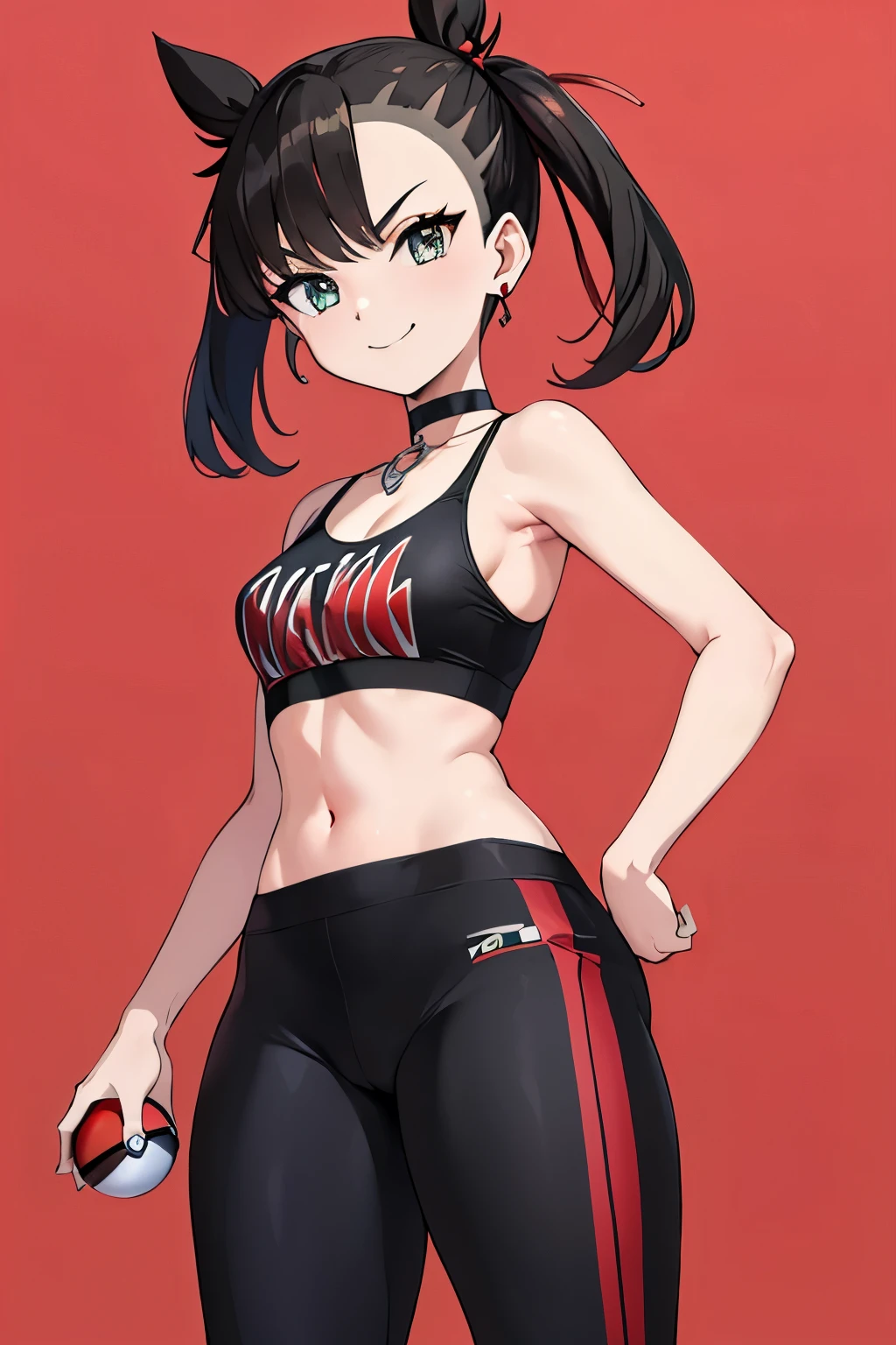 masterpiece, highest quality, High resolution, hmmarnie, aqua eye, black choker, red ribbon, earrings, jewelry, abdomen, play sports often, bare shoulders, pants, leggings, Are standing, cowboy shot, stadium, holding poke ball, poke ball \(basic\), with an evil smile,