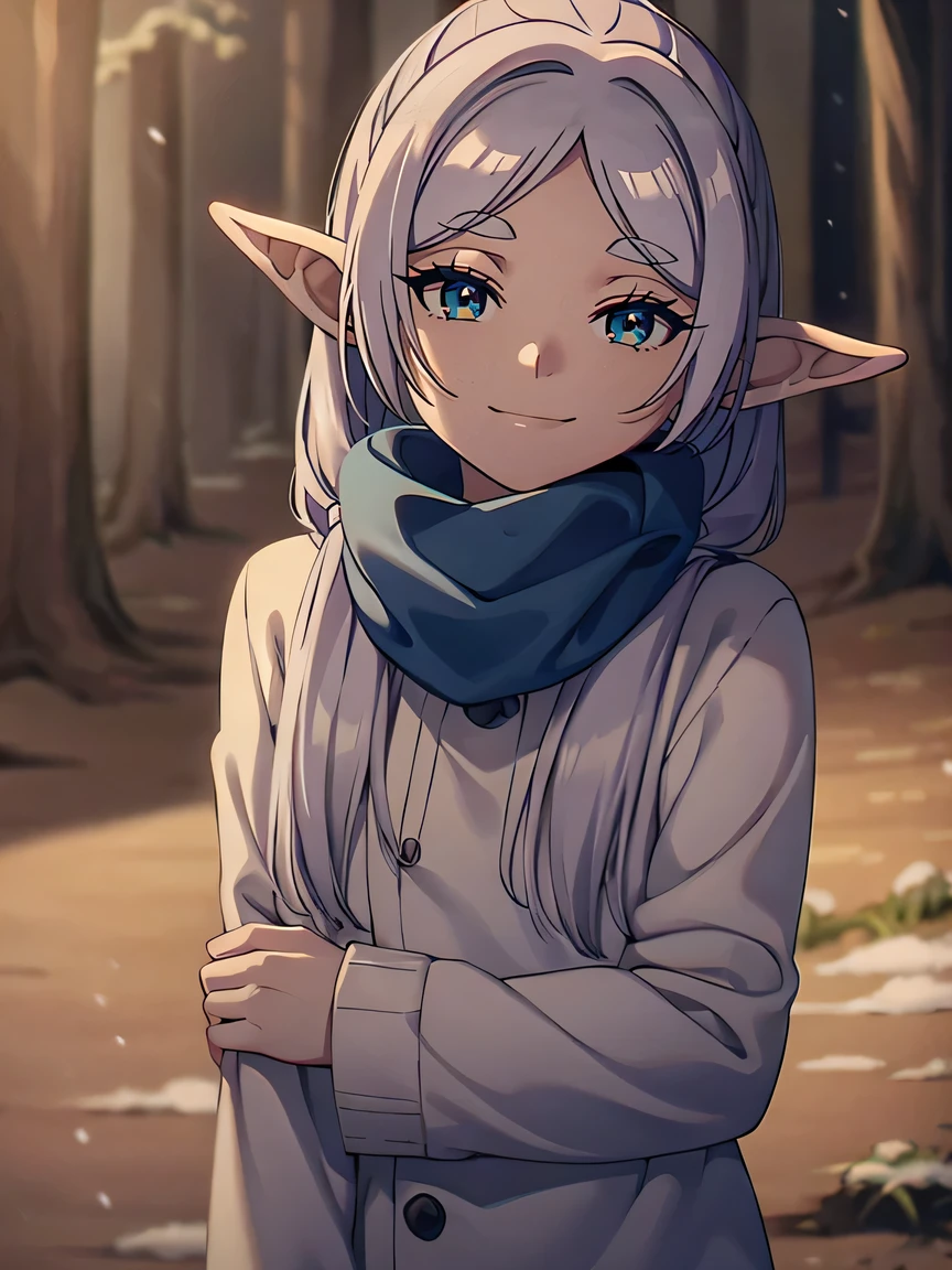 フリーレン風のscarfをかぶった一人のエルフの女性, The main character of the anime "Freelen's funeral". scarf (wrapped around her neck like a ribbon) Has fringes on both ends. She is smiling gently. scarfのリボン部分が大きくて可愛いです. The background is a snowy forest. 4K high image quality.