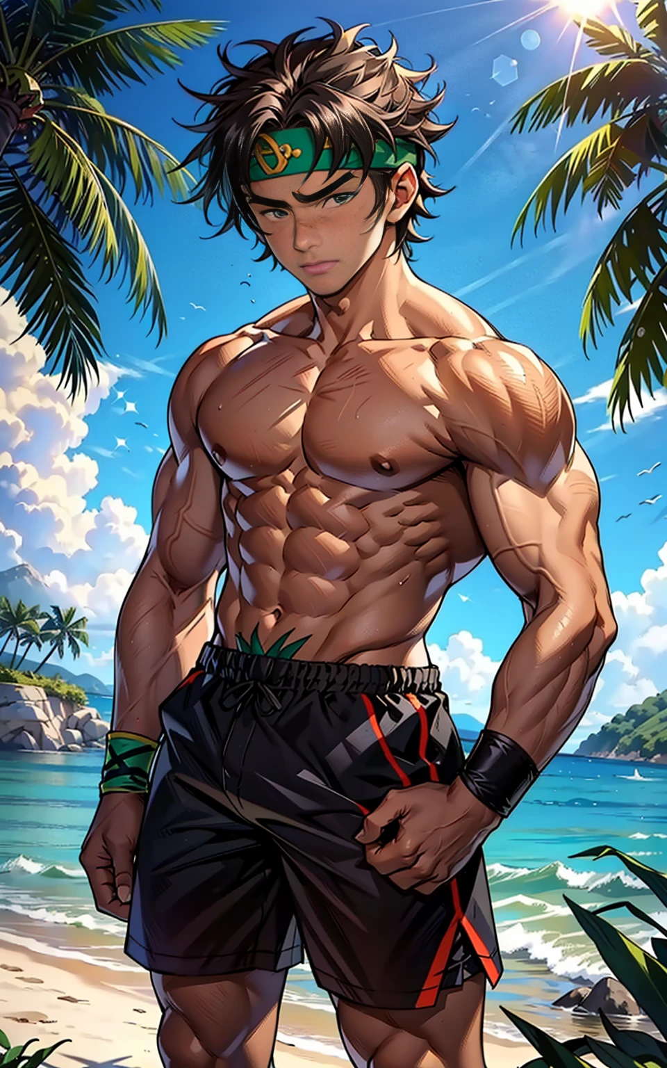 (Masterpiece, Best quality 12 year old boy,Shota), 1boys, Young,Muscular, Short hair, Intricate, Grass, full bodyesbian, Shirtless, Topless, Muscles sparkle in the sun,Black shorts, green headband, Vivid colors,(Depth of field:1.2),(Abs),wristband, dynamic pose, fighting, view the viewer, face forward